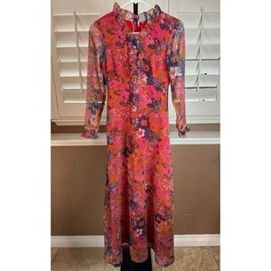 Vintage XS Sheer Sleeve Floral Maxi Dress Ruffle Pink Orange Feminine Fairycore